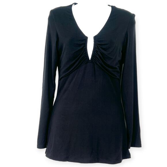 NWT SKY | L | Leather Trimmed Sheer Back Top Blouse Ruched Deep V GWENNO - Picture 2 of 9